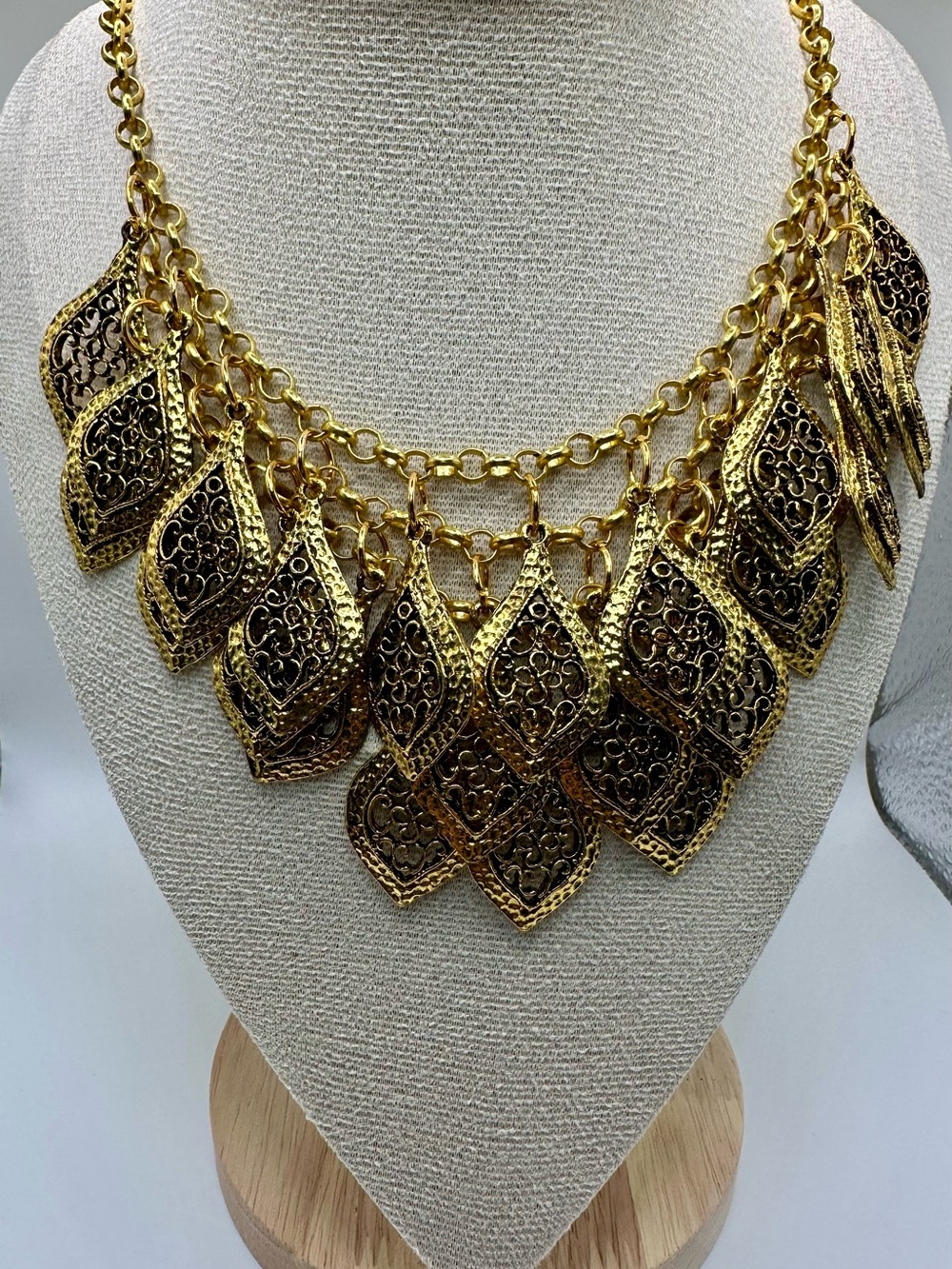Gold Plated Statement Layered Filigree Leaf Necklace - Women Jewelry